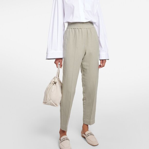 Brunello Cucinelli Twill Tapered Pant Khaki Viscose Linen Size 6 New Tag $1,395 - Picture 1 of 9